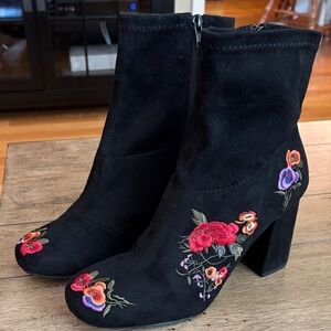 MIA Black Ankle Boots with Vibrant Floral Embroidery